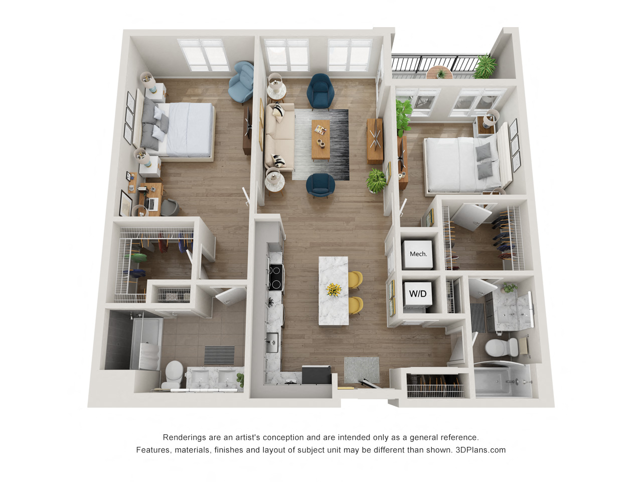 Floor plan for 2 beds, 2 baths, 1051 sqft